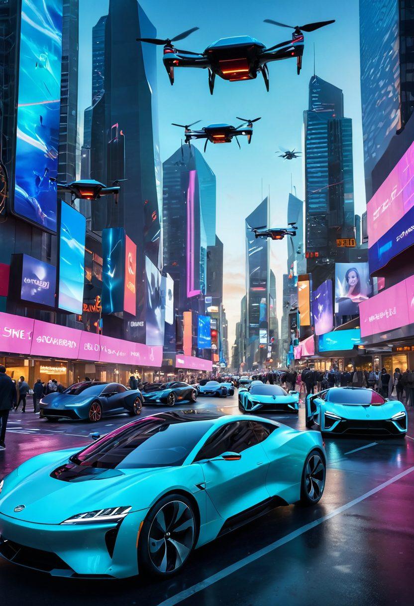 A futuristic cityscape with innovative cars soaring through the sky, featuring sleek electric vehicles and autonomous designs. In the foreground, a diverse group of people examines holographic displays showcasing cutting-edge automotive technology. The sky is filled with drones and flying vehicles, symbolizing the future of mobility. Vibrant colors adorn the scene, highlighting the energetic and dynamic nature of automotive innovation. super-realistic. vibrant colors. 3D.