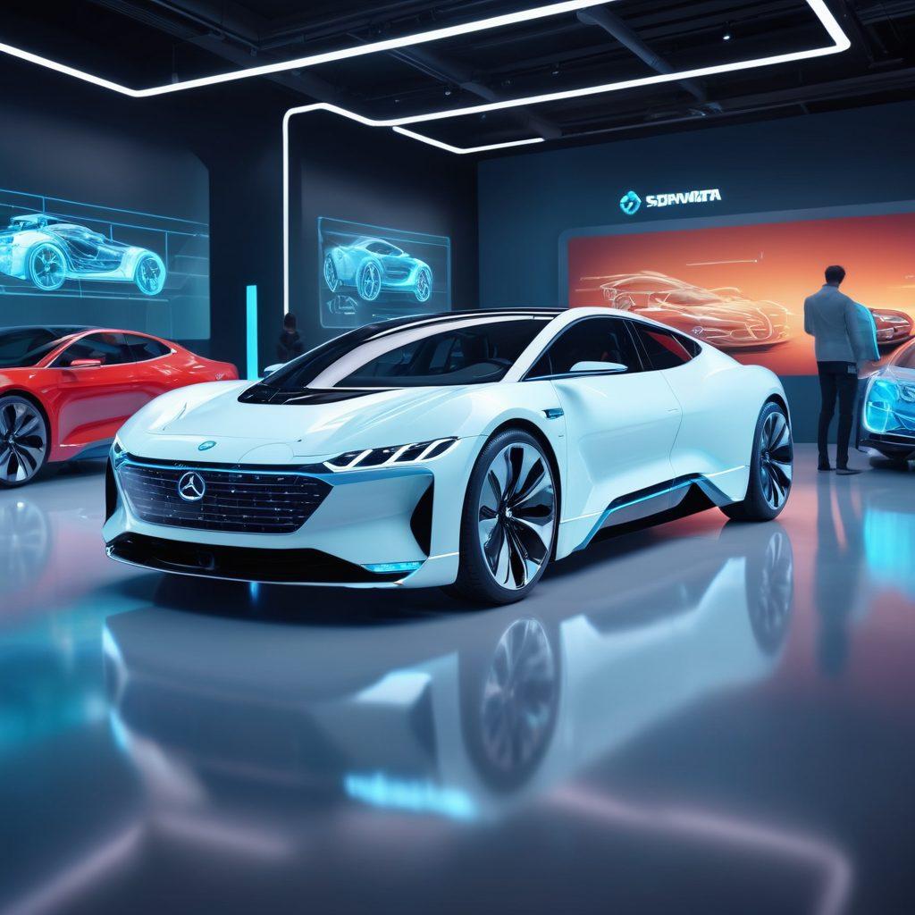 A futuristic car showroom showcasing cutting-edge vehicles with sleek designs, holographic displays illustrating emerging technologies like autonomous driving and electric engines. Spotlight on a diverse group of people engaged in discussions, with gears and circuit patterns subtly integrated into the background. Bright, dynamic lighting enhances the innovation theme. vibrant colors. 3D.