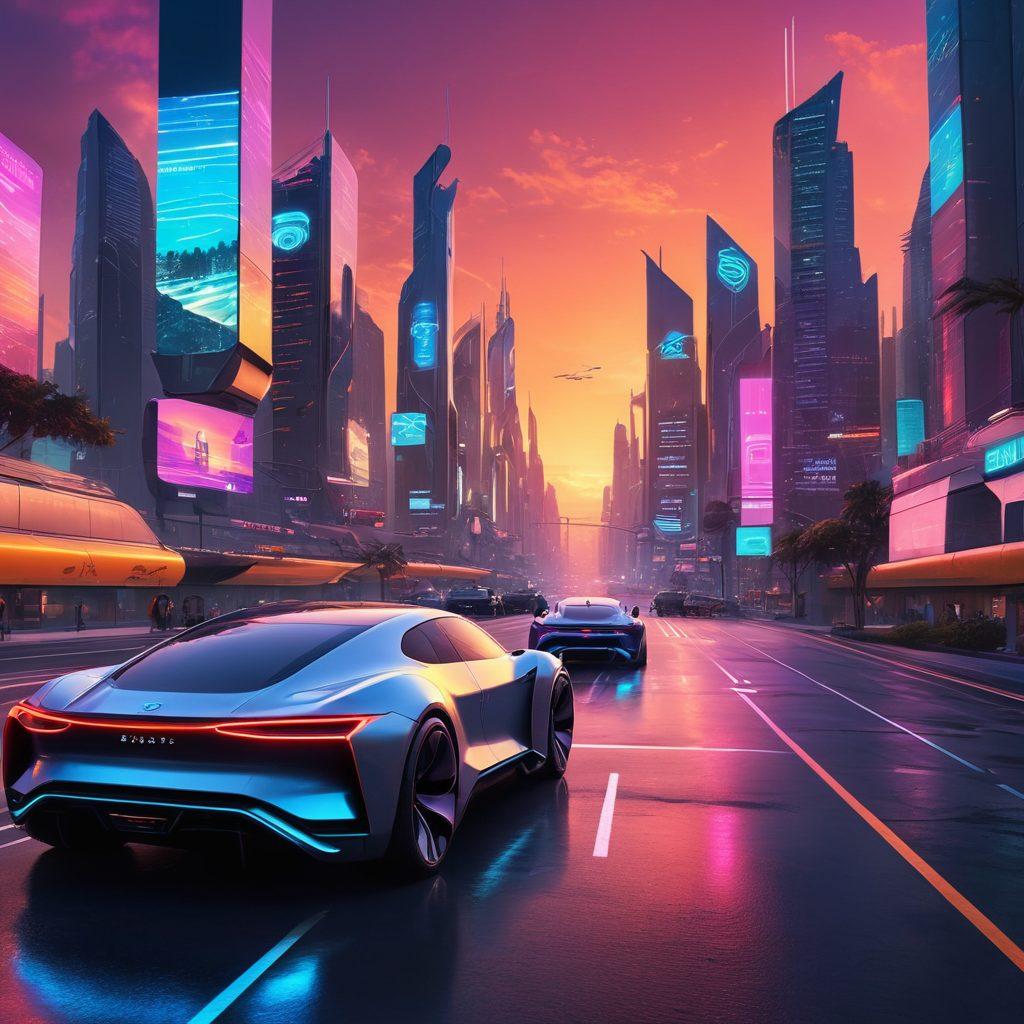 A futuristic city skyline with autonomous cars smoothly navigating smart roads adorned with digital displays. A diverse group of people interacting with vehicle technology, such as holographic interfaces and augmented reality. Bright neon lights reflecting off sleek vehicle designs, showcasing a blend of modern and innovative automotive concepts. A captivating sunset in the background enhances the scene. vibrant colors. cyberpunk.